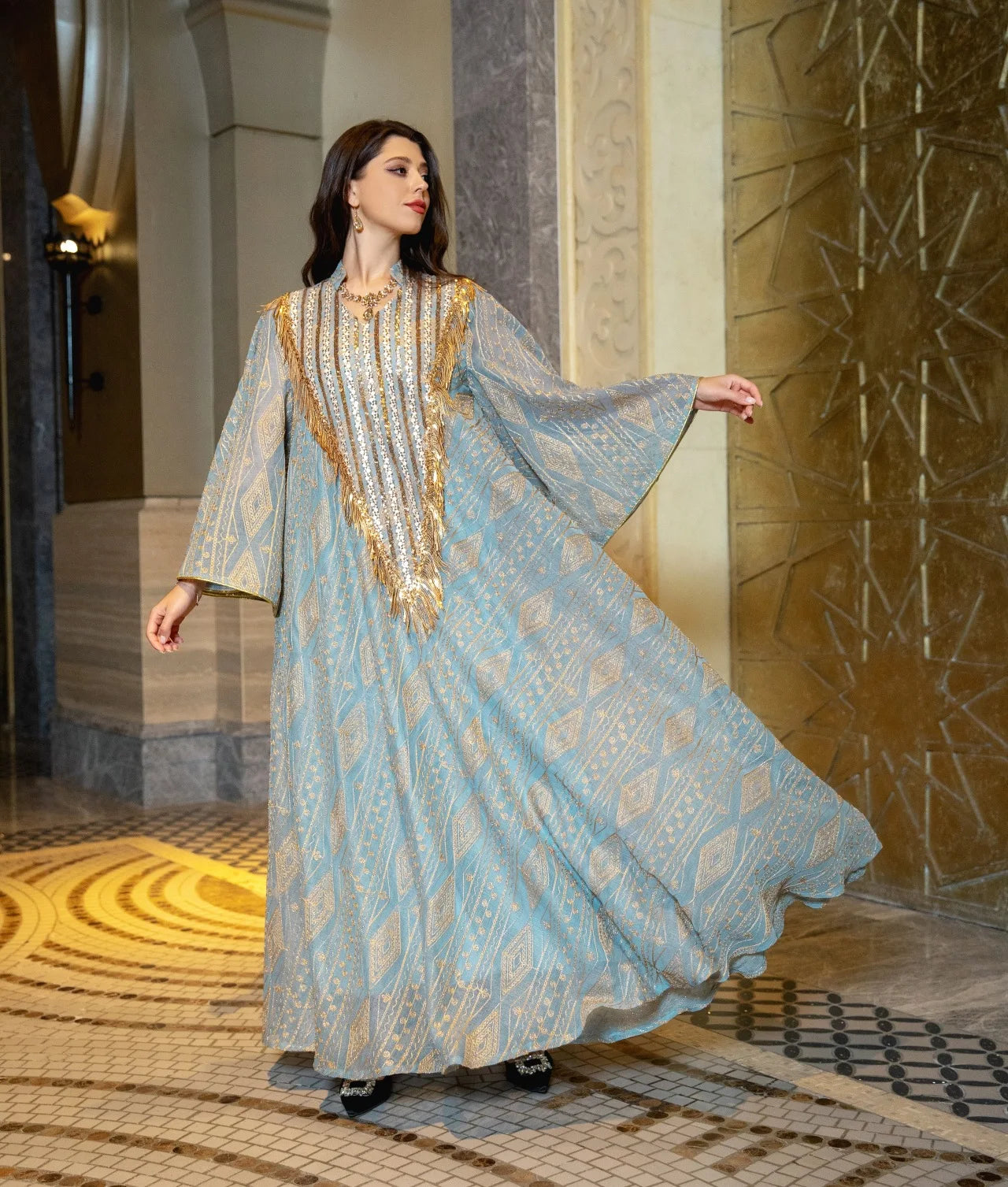 Exquisite Moroccan Party Gown for Women - Elegant Abaya with Mesh, Sequins & Jalabiya