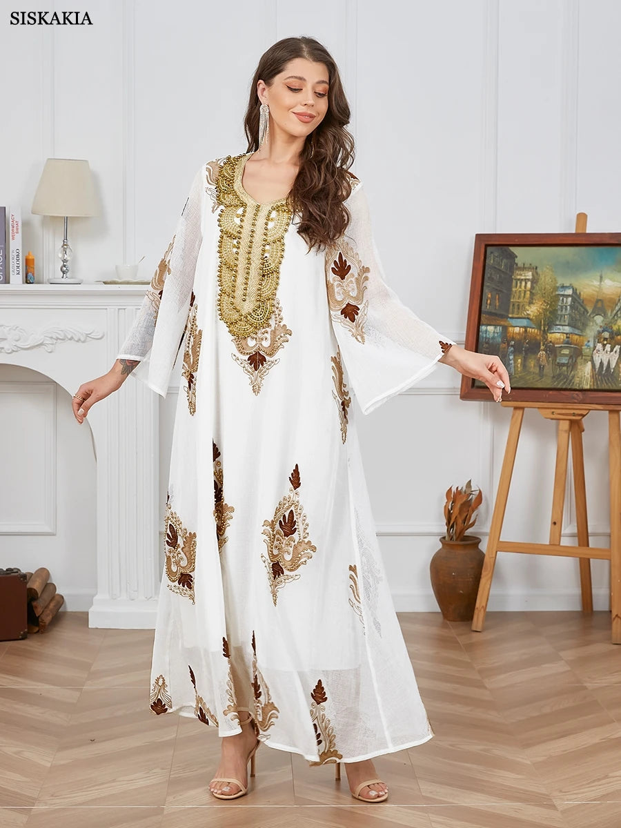 White Embroidered Long Sleeve Casual Dress for Women