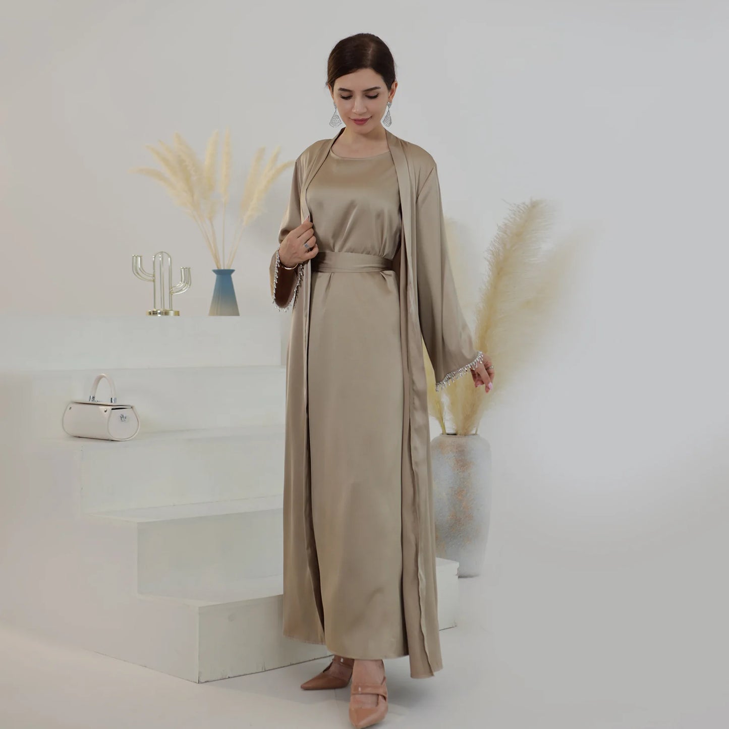 Sleek Satin Beaded Kimono Dress: Exquisite Abaya for Women's Luxury Parties