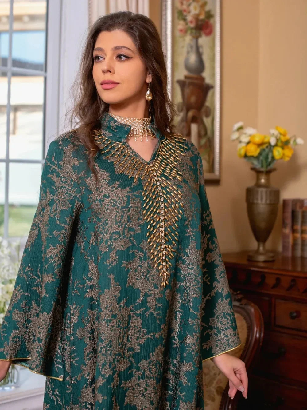Moroccan-inspired Beaded Abaya Dress for Women