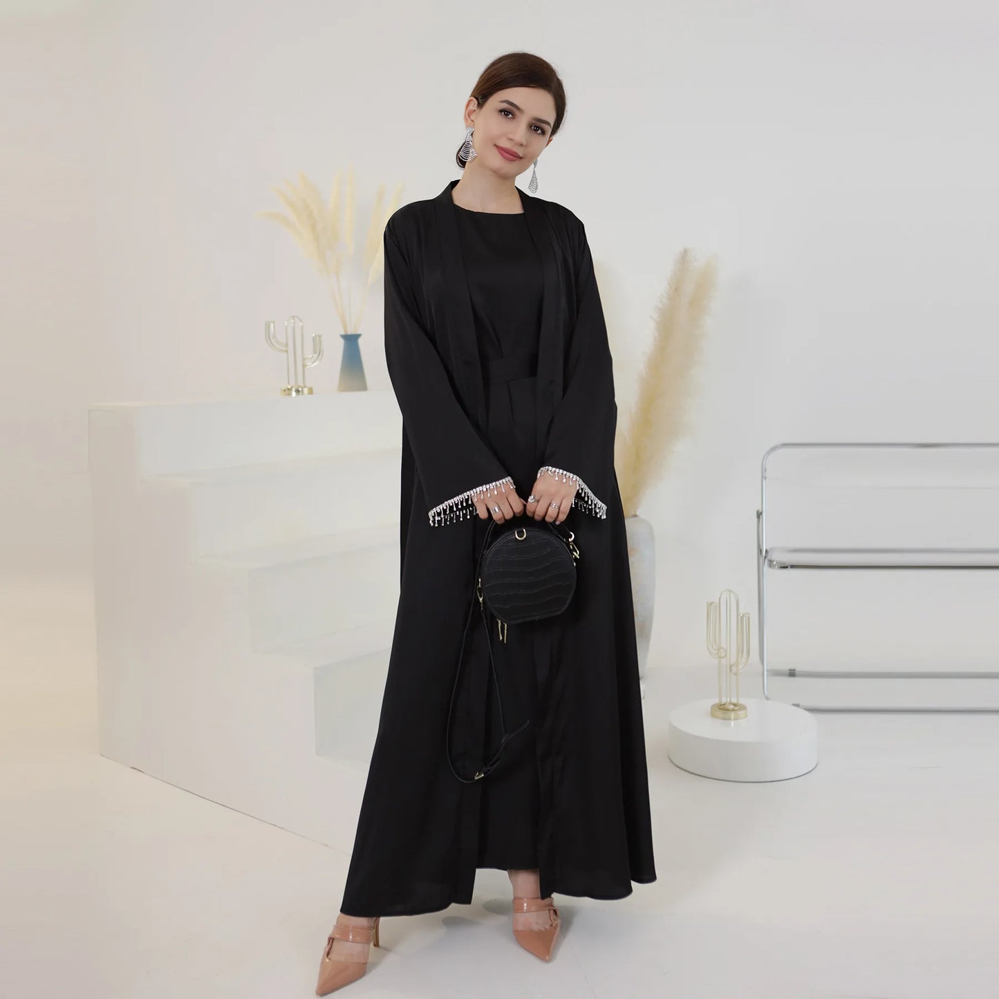 Sleek Satin Beaded Kimono Dress: Exquisite Abaya for Women's Luxury Parties