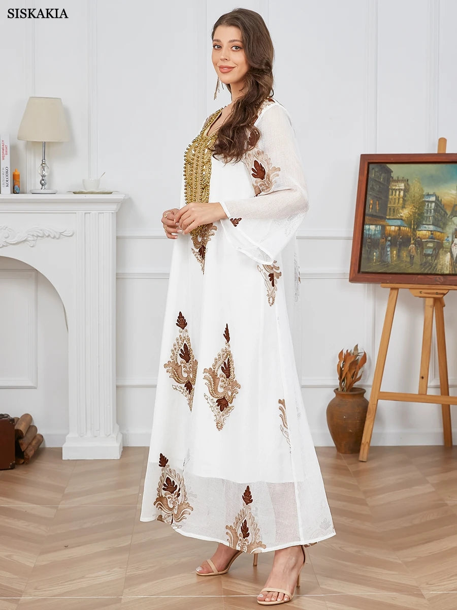 White Embroidered Long Sleeve Casual Dress for Women