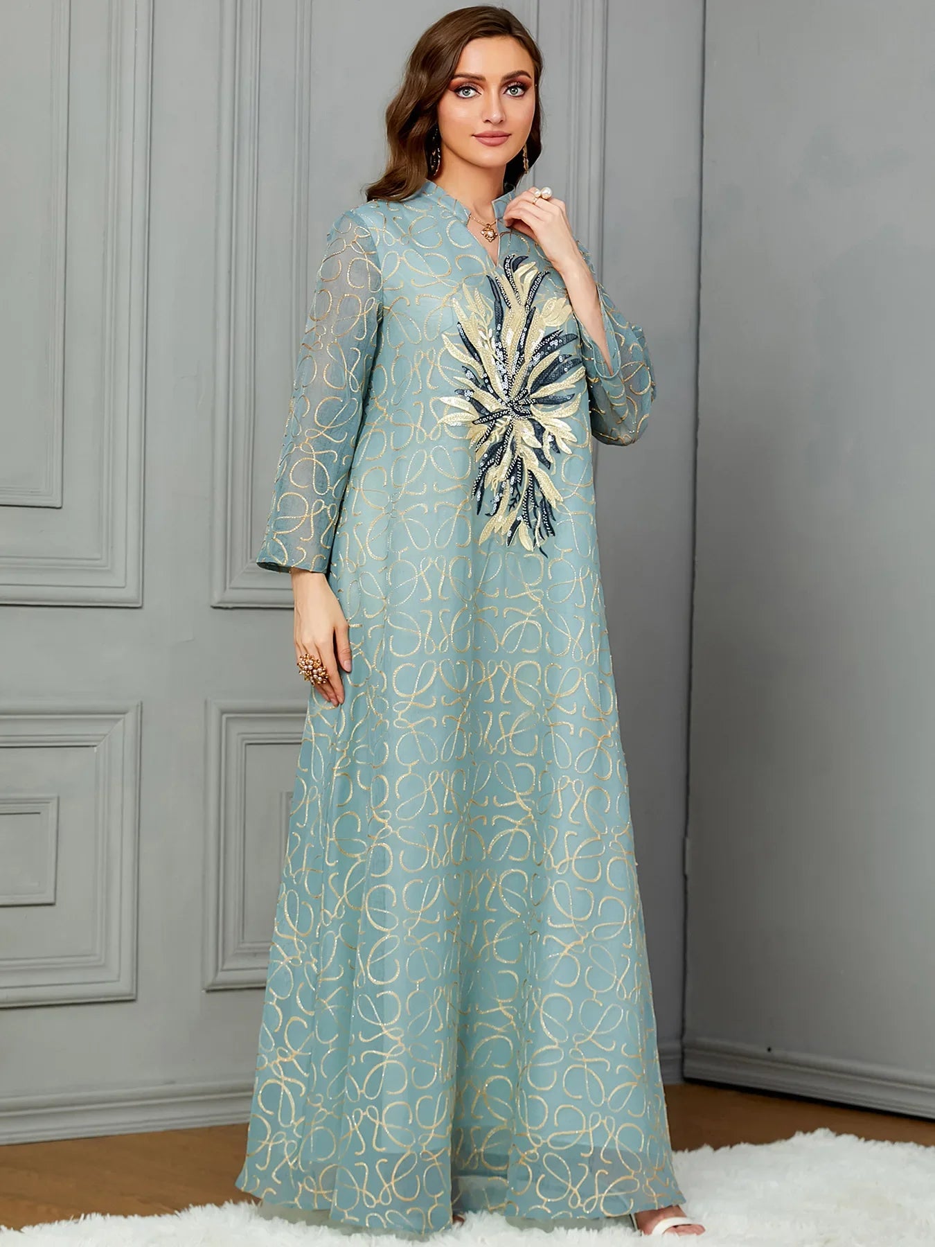 Stylish Moroccan Caftan Sequin Embellished Women's Dress