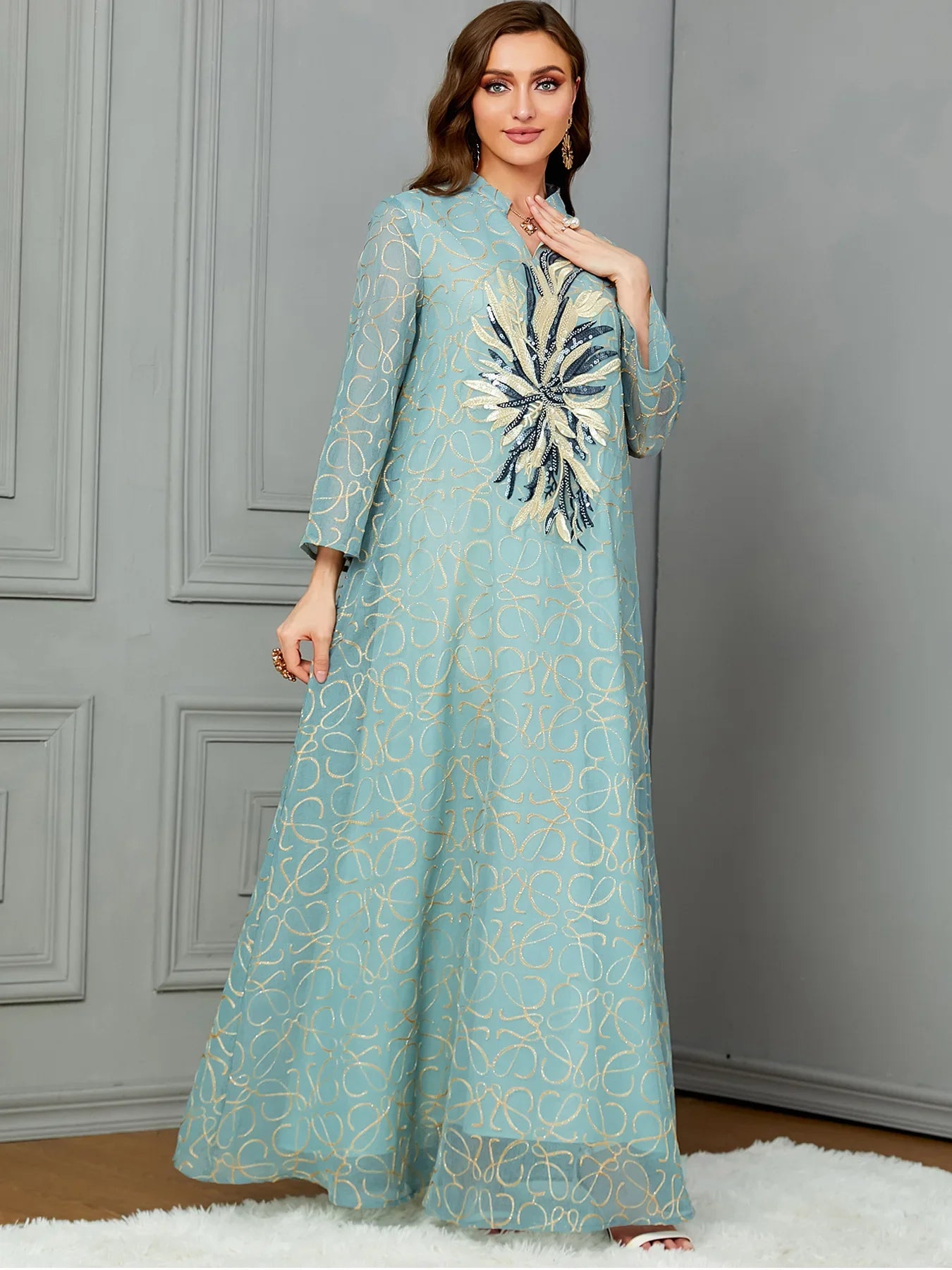 Stylish Moroccan Caftan Sequin Embellished Women's Dress