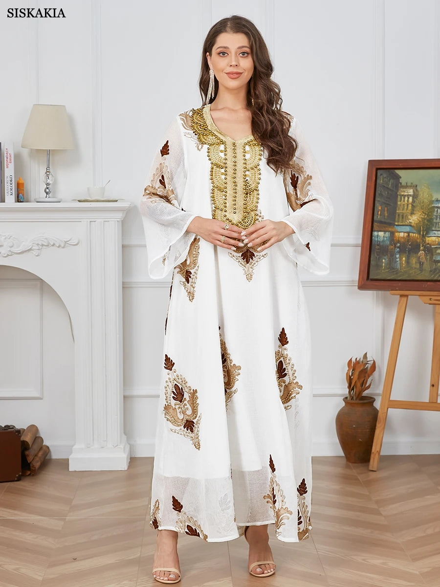 White Embroidered Long Sleeve Casual Dress for Women