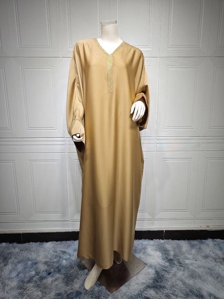 Elegant Diamond-Embellished Satin Abaya with Bat Sleeves and V Neck