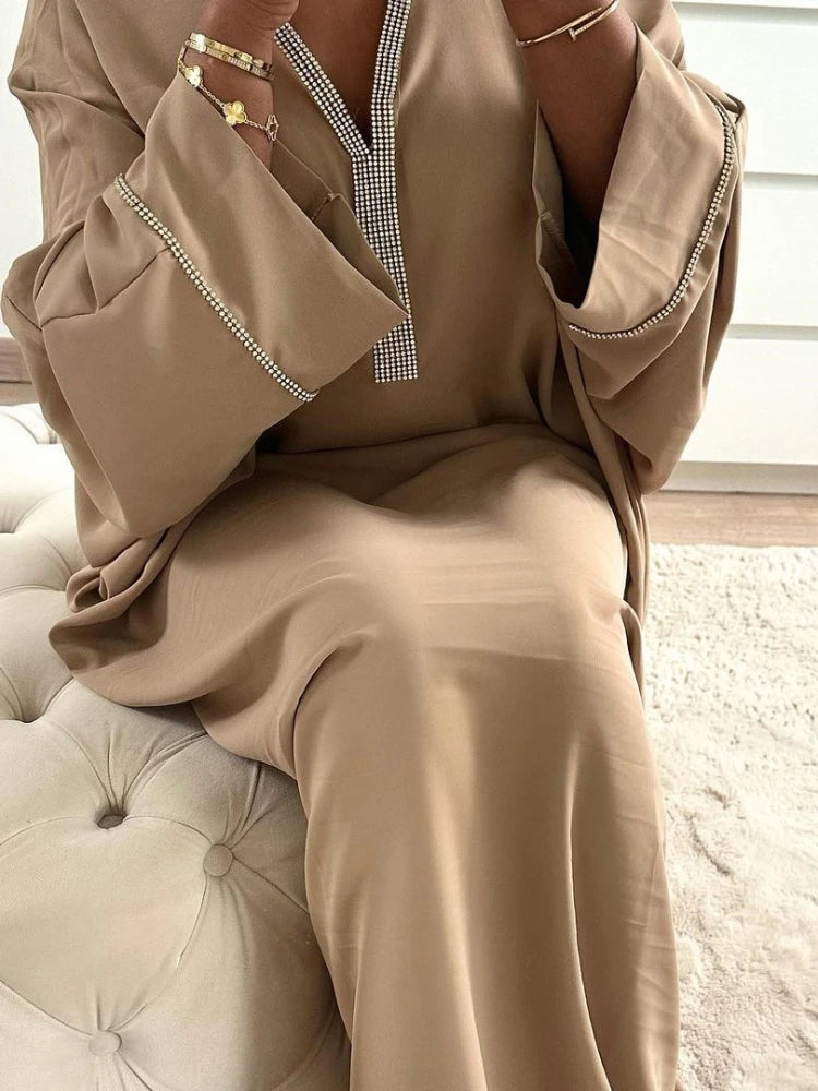 Elegant Diamond-Embellished Satin Abaya with Bat Sleeves and V Neck