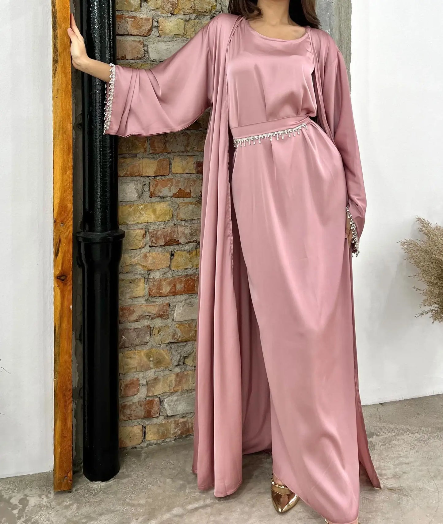 Sleek Satin Beaded Kimono Dress: Exquisite Abaya for Women's Luxury Parties