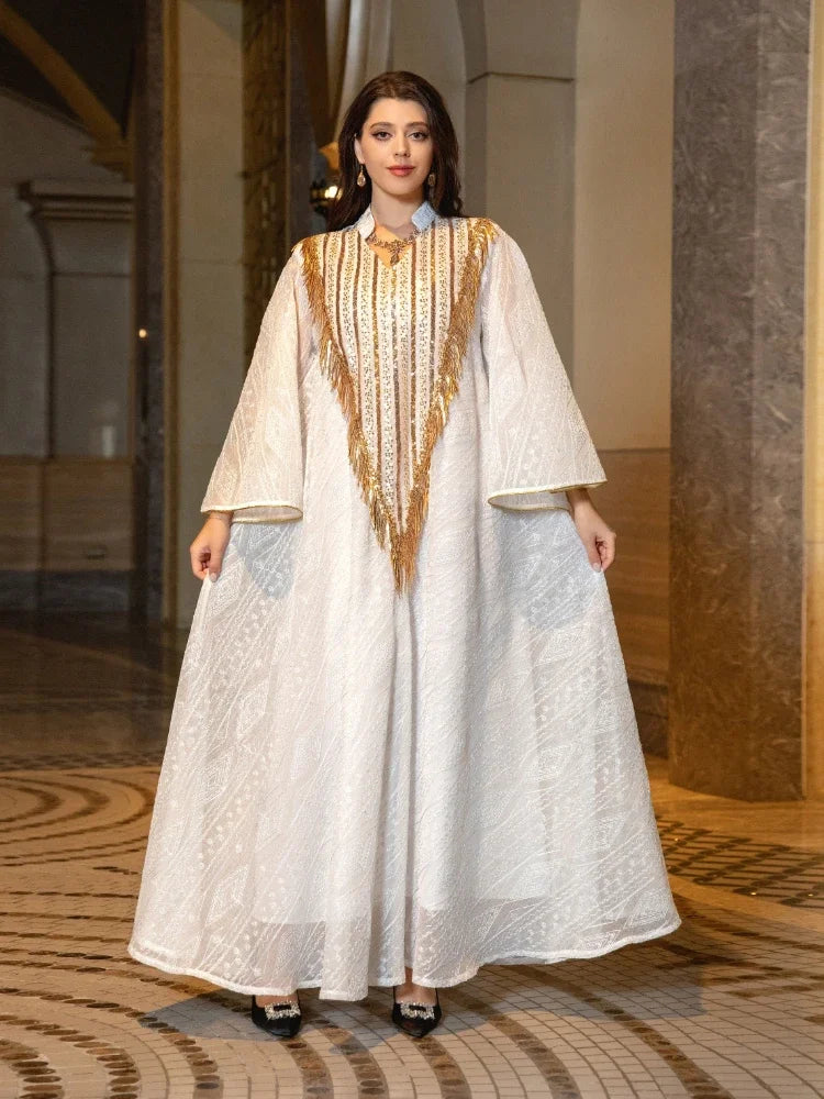Exquisite Moroccan Party Gown for Women - Elegant Abaya with Mesh, Sequins & Jalabiya