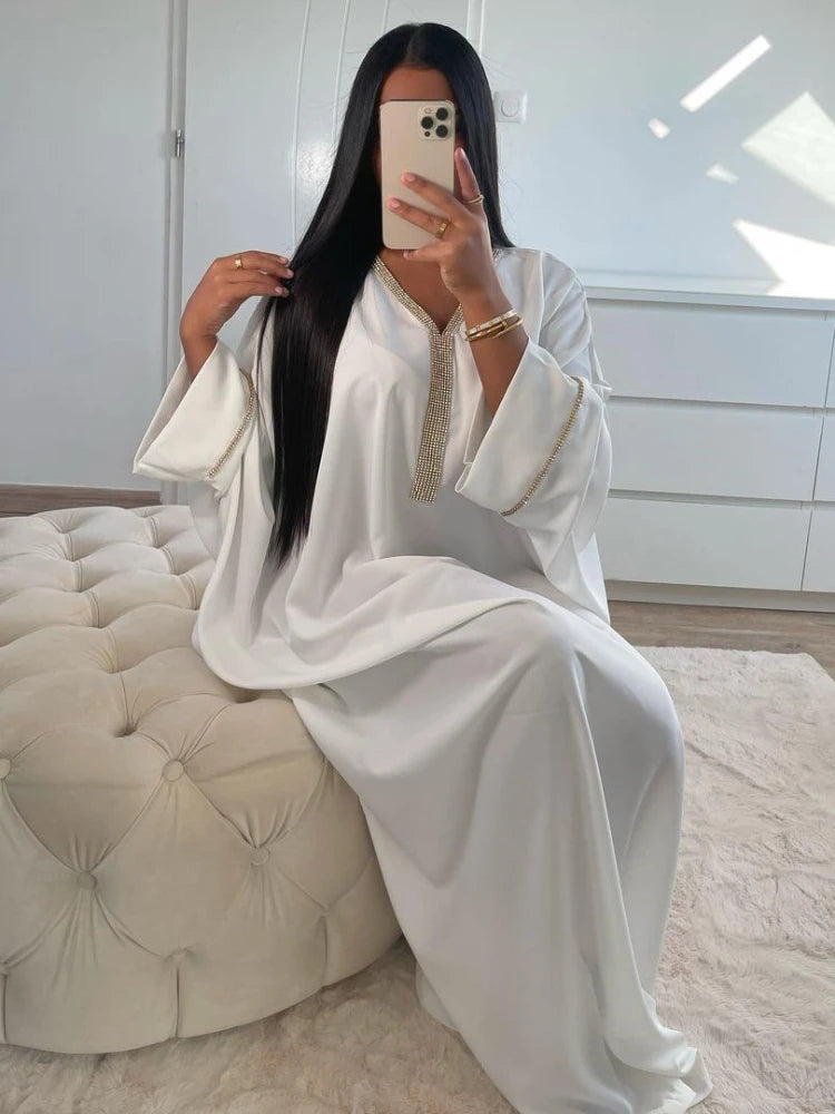 Elegant Diamond-Embellished Satin Abaya with Bat Sleeves and V Neck