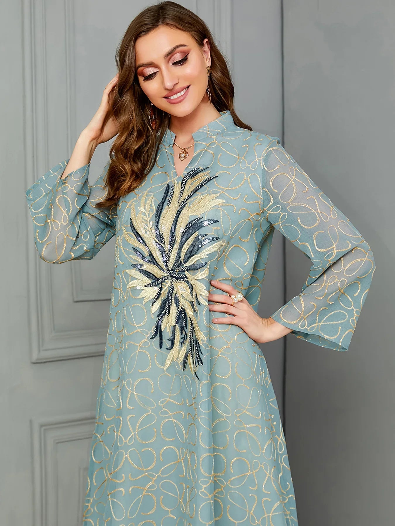 Stylish Moroccan Caftan Sequin Embellished Women's Dress