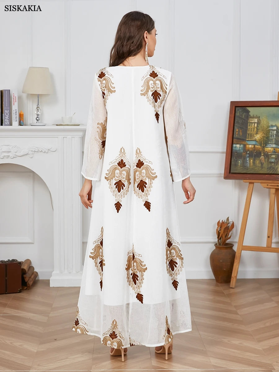 White Embroidered Long Sleeve Casual Dress for Women