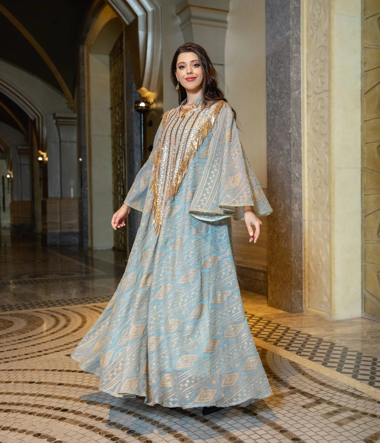 Exquisite Moroccan Party Gown for Women - Elegant Abaya with Mesh, Sequins & Jalabiya