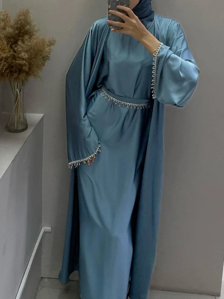 Sleek Satin Beaded Kimono Dress: Exquisite Abaya for Women's Luxury Parties