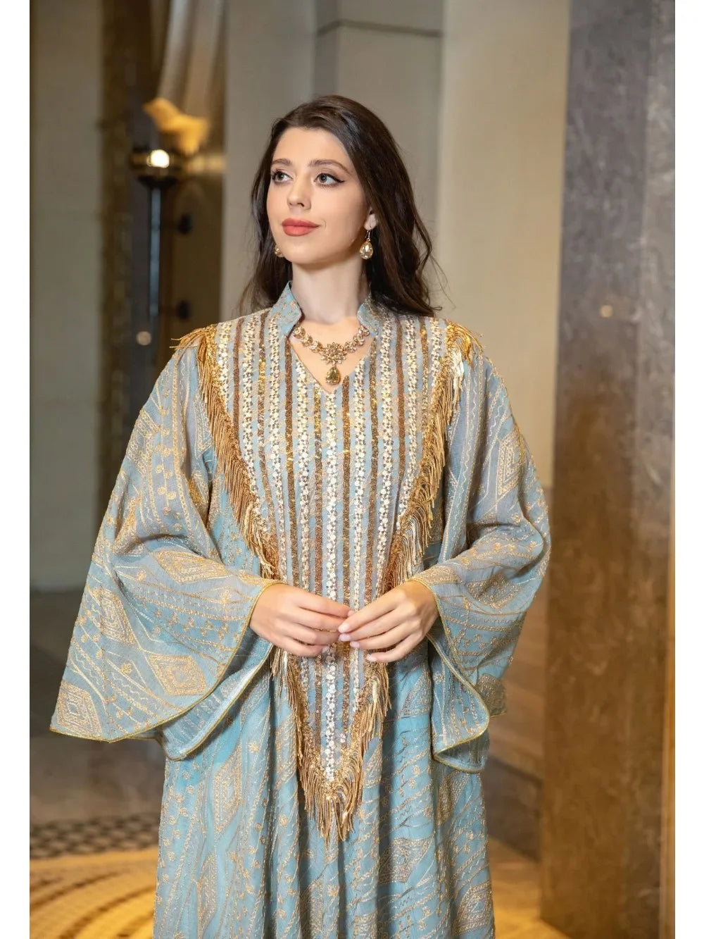 Exquisite Moroccan Party Gown for Women - Elegant Abaya with Mesh, Sequins & Jalabiya