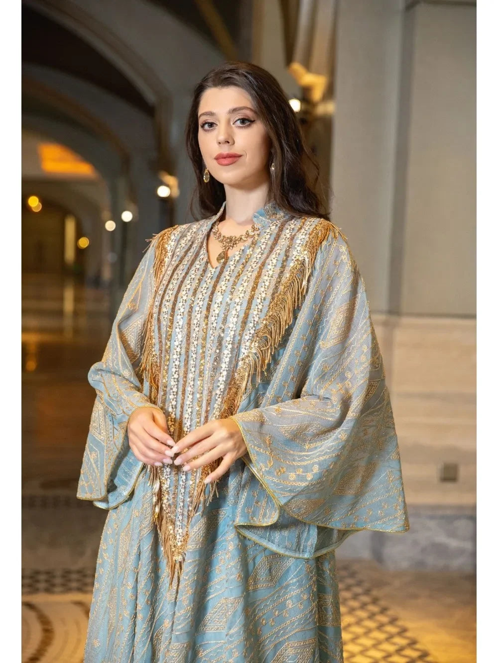 Exquisite Moroccan Party Gown for Women - Elegant Abaya with Mesh, Sequins & Jalabiya