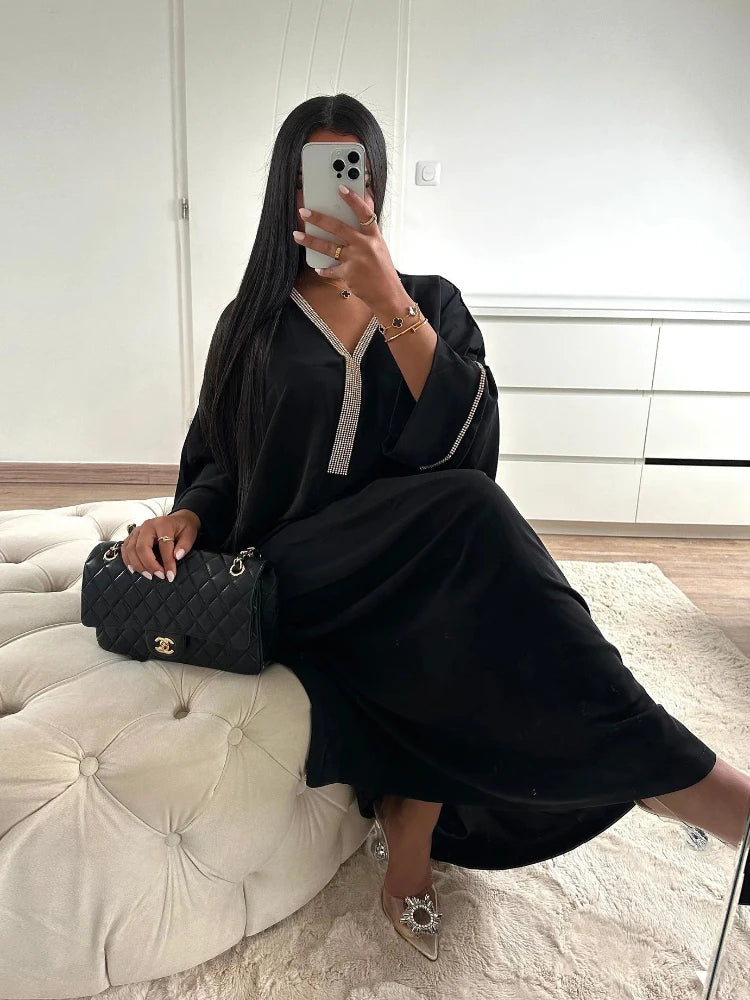 Elegant Diamond-Embellished Satin Abaya with Bat Sleeves and V Neck
