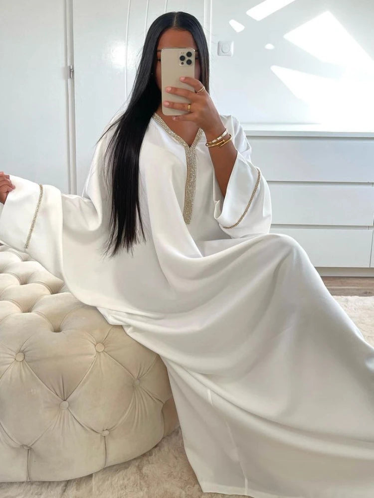 Elegant Diamond-Embellished Satin Abaya with Bat Sleeves and V Neck