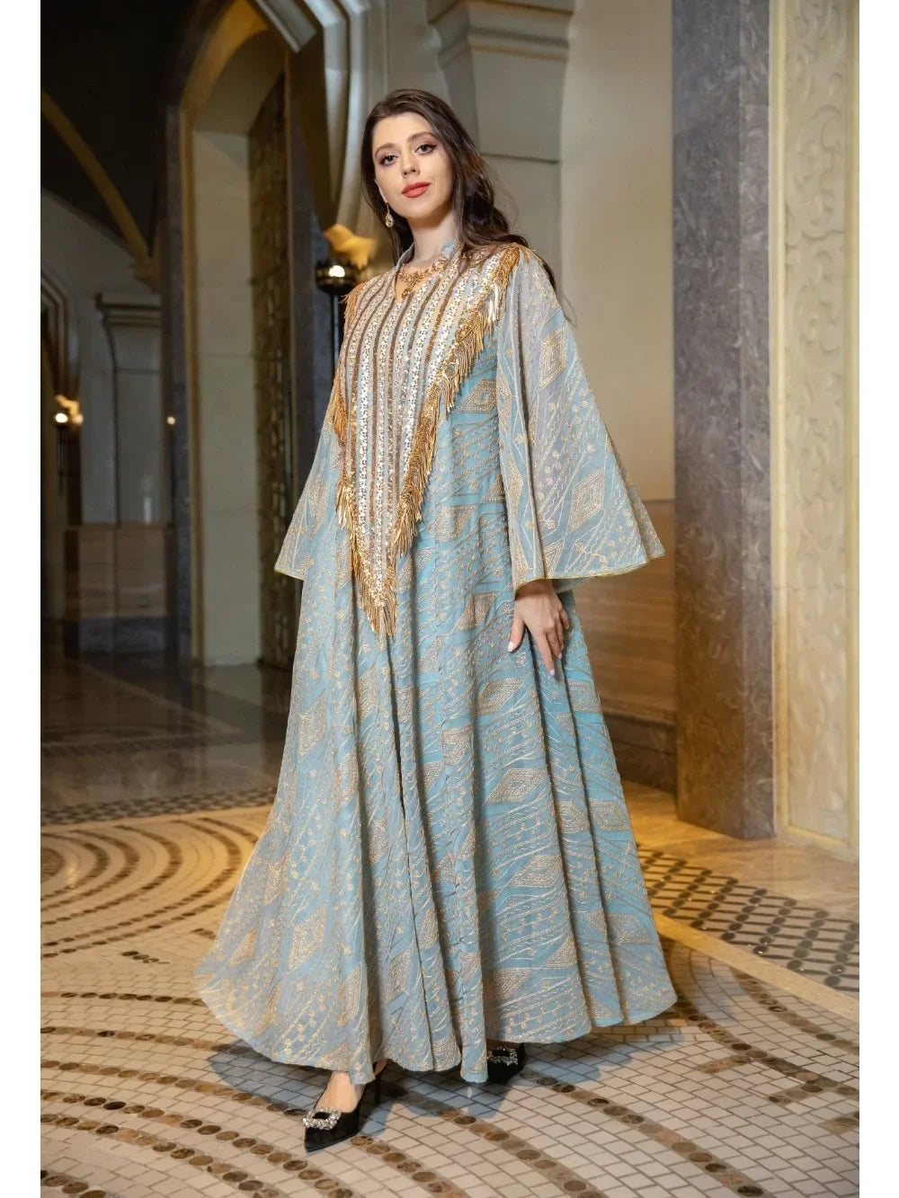 Exquisite Moroccan Party Gown for Women - Elegant Abaya with Mesh, Sequins & Jalabiya
