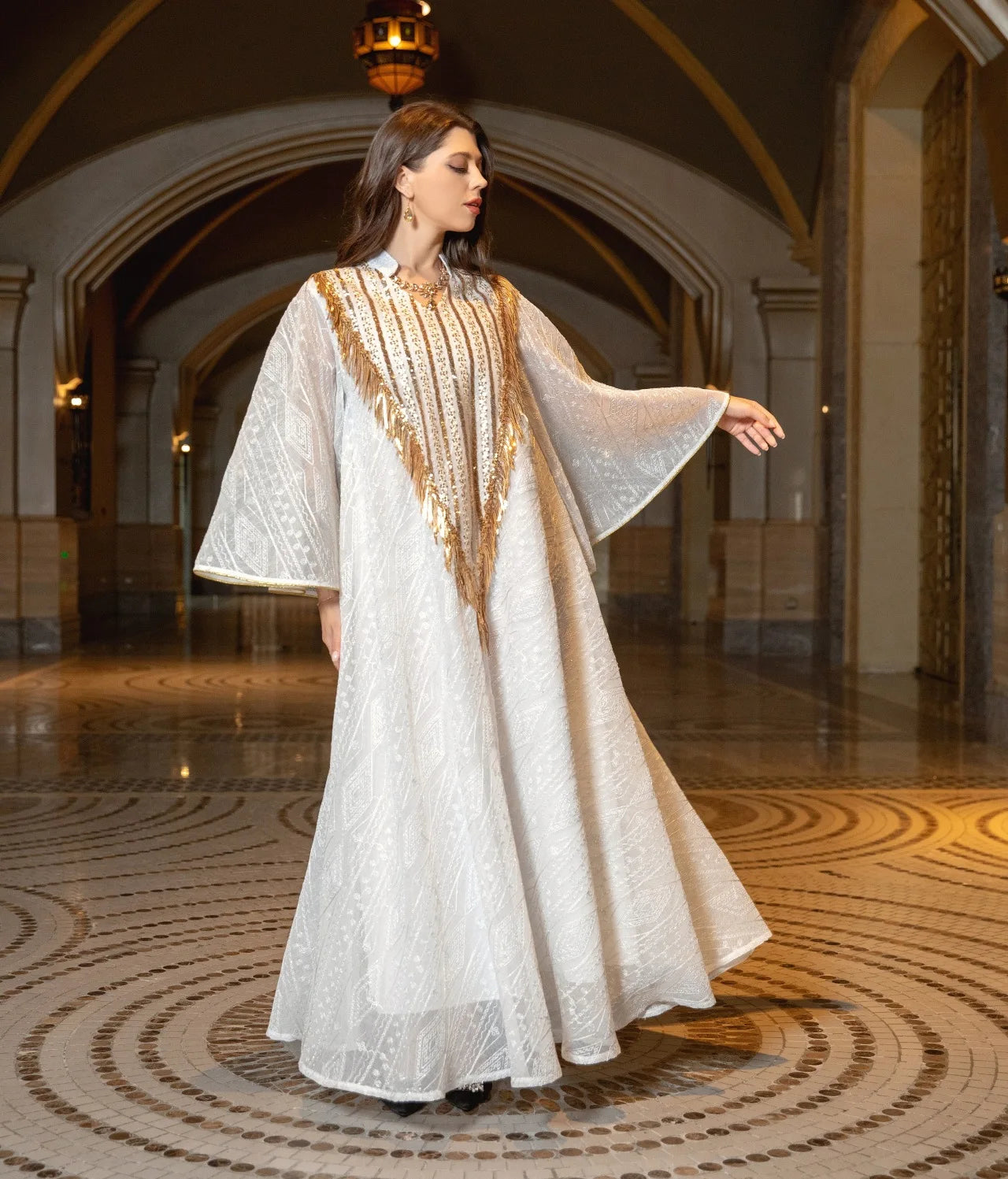 Exquisite Moroccan Party Gown for Women - Elegant Abaya with Mesh, Sequins & Jalabiya