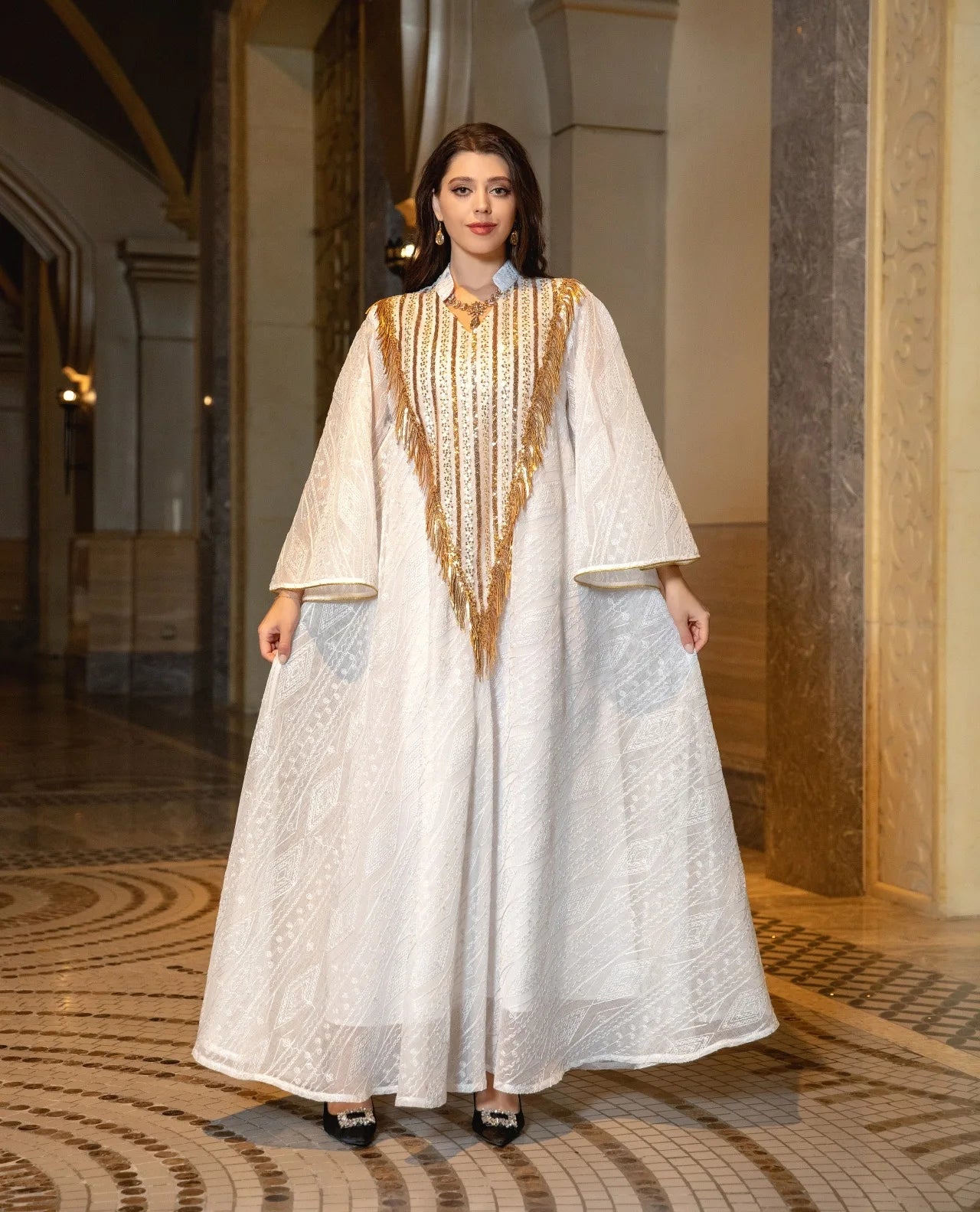 Exquisite Moroccan Party Gown for Women - Elegant Abaya with Mesh, Sequins & Jalabiya