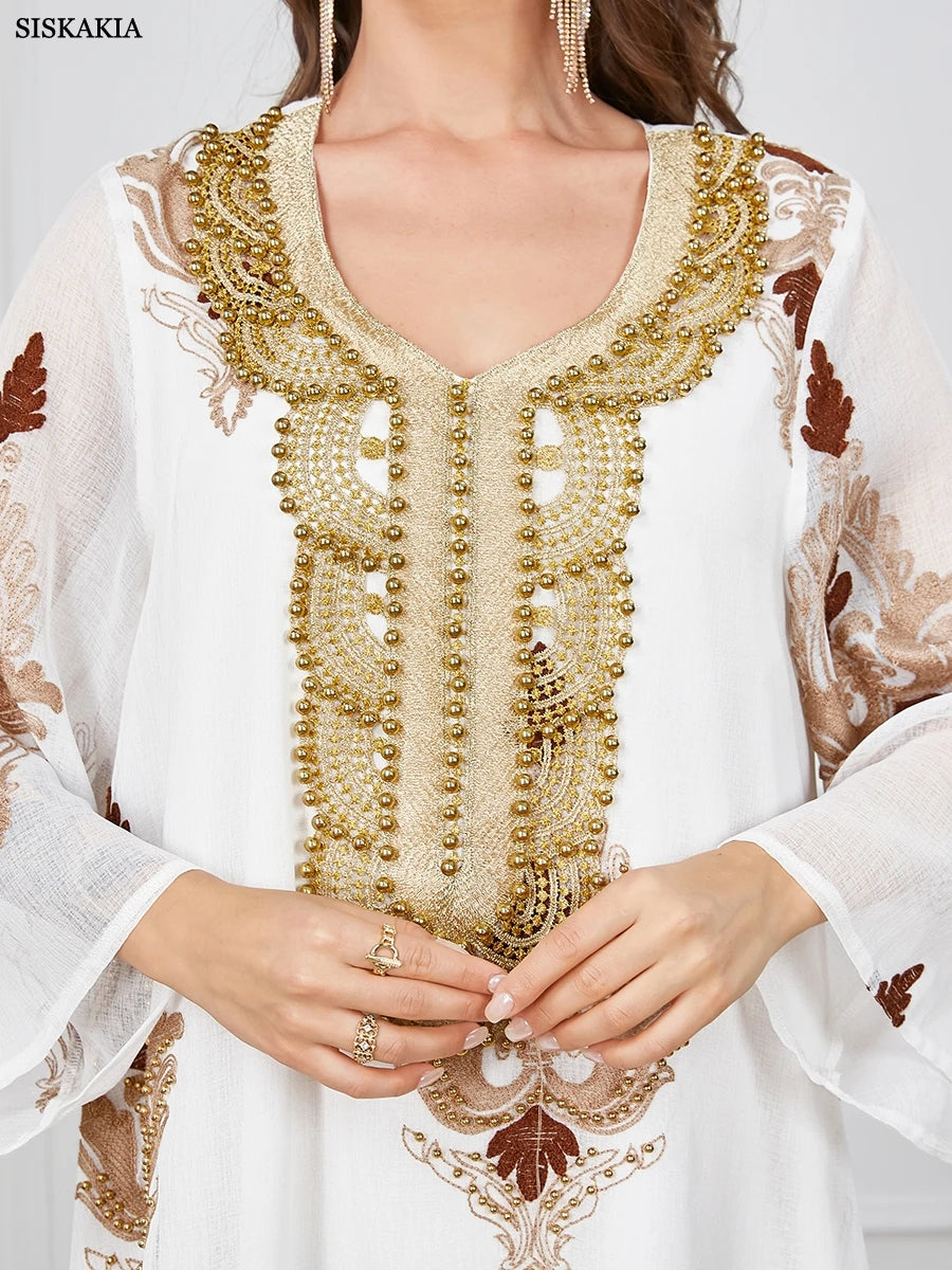 White Embroidered Long Sleeve Casual Dress for Women