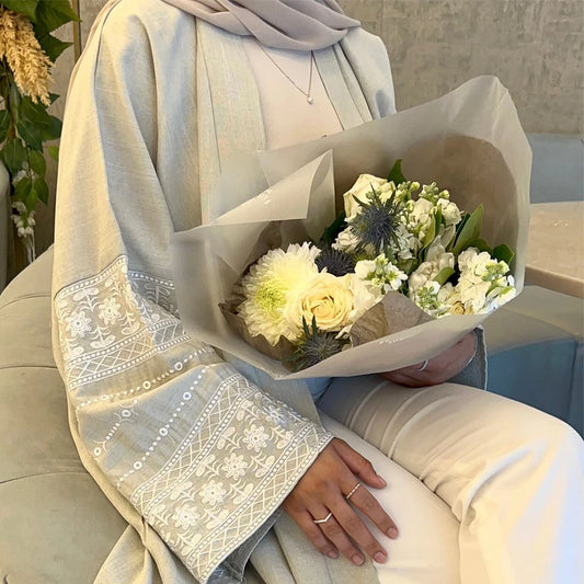 Elegant Embroidered Cotton Linen Abaya Dress for Women - Stylish Modest Attire for Eid and Ramadan