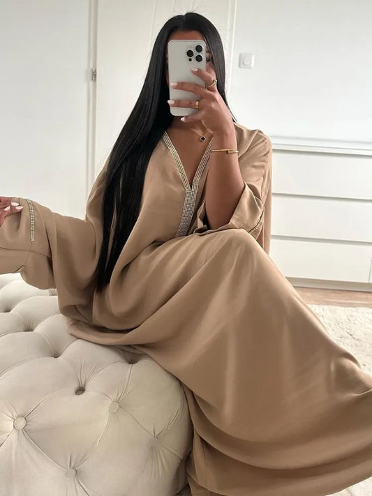 Elegant Diamond-Embellished Satin Abaya with Bat Sleeves and V Neck