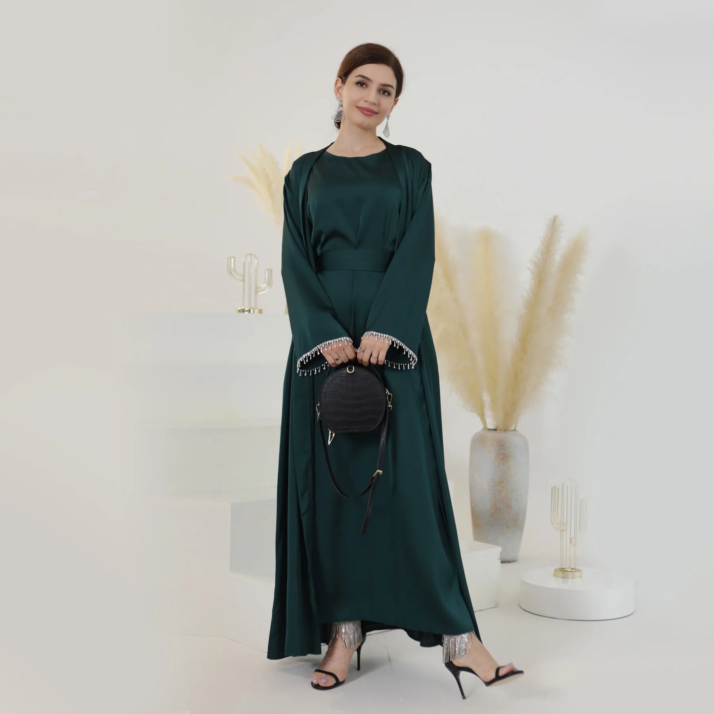 Sleek Satin Beaded Kimono Dress: Exquisite Abaya for Women's Luxury Parties
