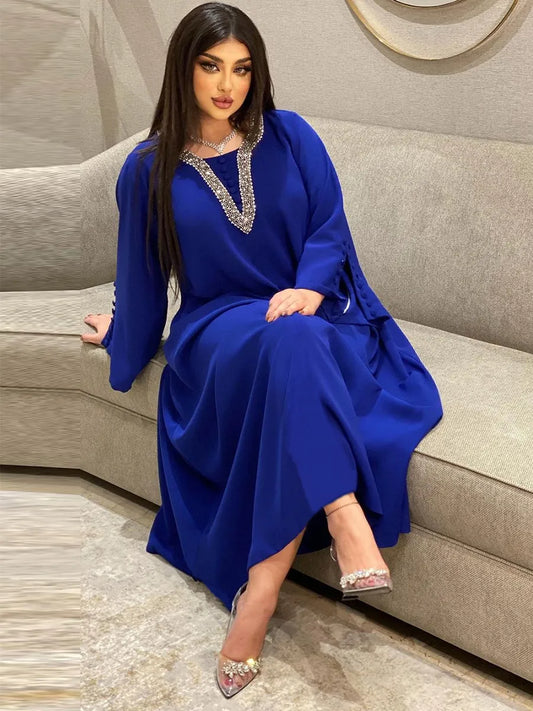Moroccan Diamond Button Decor Long Sleeve Maxi Party Dress