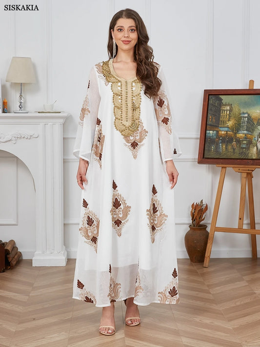 White Embroidered Long Sleeve Casual Dress for Women