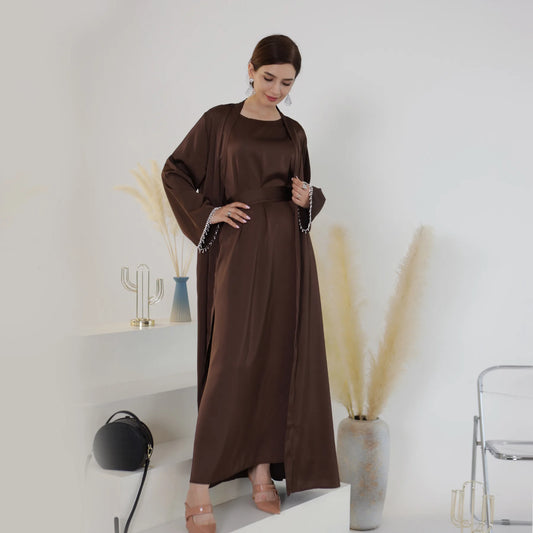 Sleek Satin Beaded Kimono Dress: Exquisite Abaya for Women's Luxury Parties