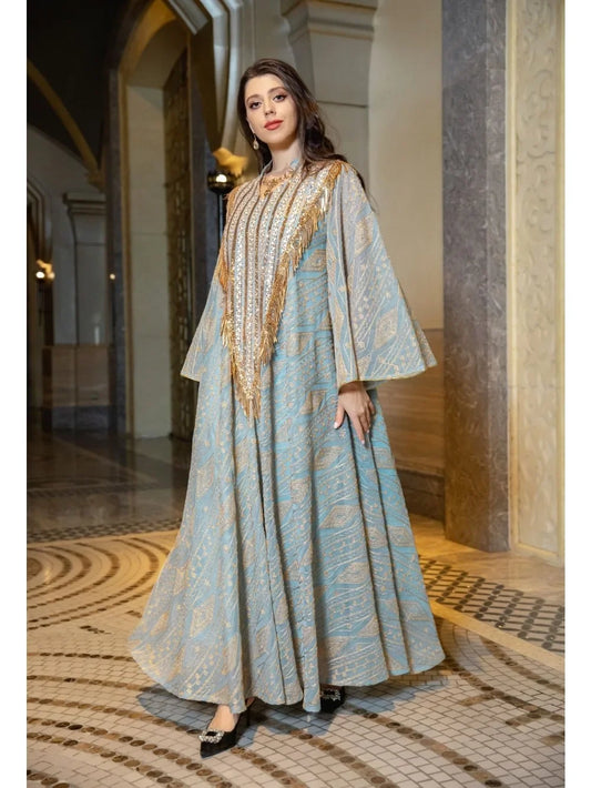Exquisite Moroccan Party Gown for Women - Elegant Abaya with Mesh, Sequins & Jalabiya