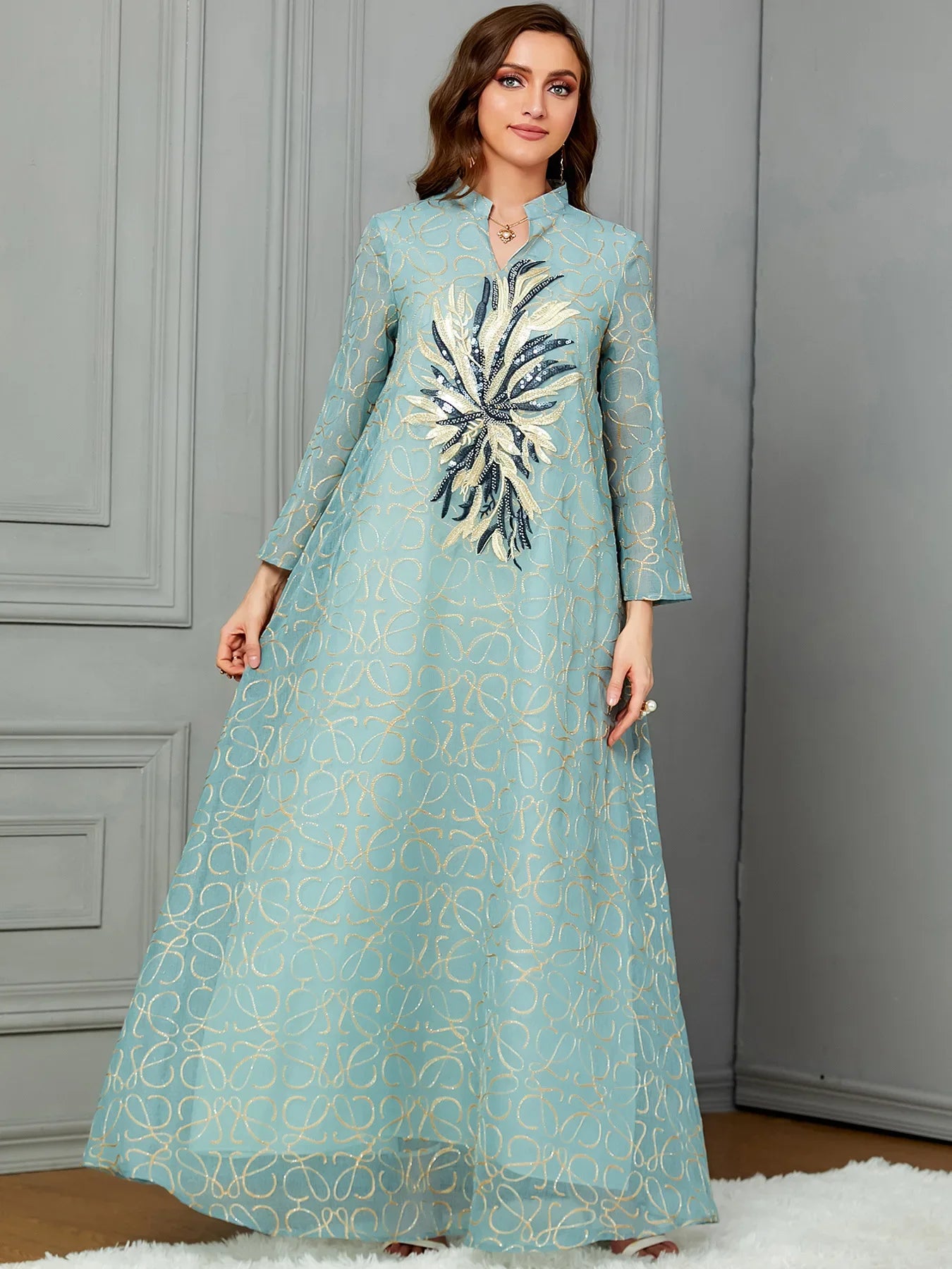 Stylish Moroccan Caftan Sequin Embellished Women's Dress